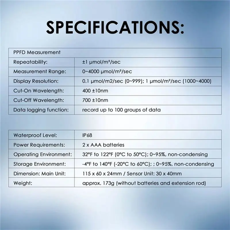[NEWA64Z!】 PAR-414 METER LCD Display Spectrometer Light Flux Meter Digital Split Type Waterproof Probe Rod Kit Illuminometer