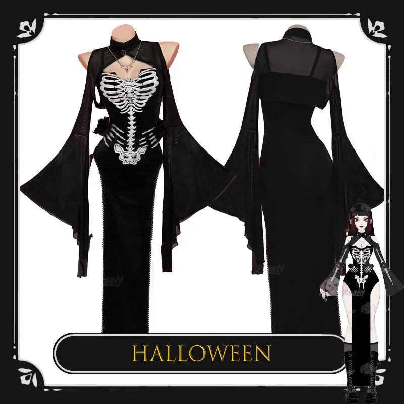 

BSkeleton Knight Dark Gothic Cosplay Costume Dress - Black Skull Slit Design with Cutout Flare Sleeves And Cloak for Halloween