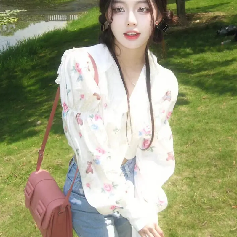 

Women Spring Summer Fashion Temperament Printing Slim Long Sleeve Shirts Ladies Office Lady Sailor Collar All-match Trend Tops