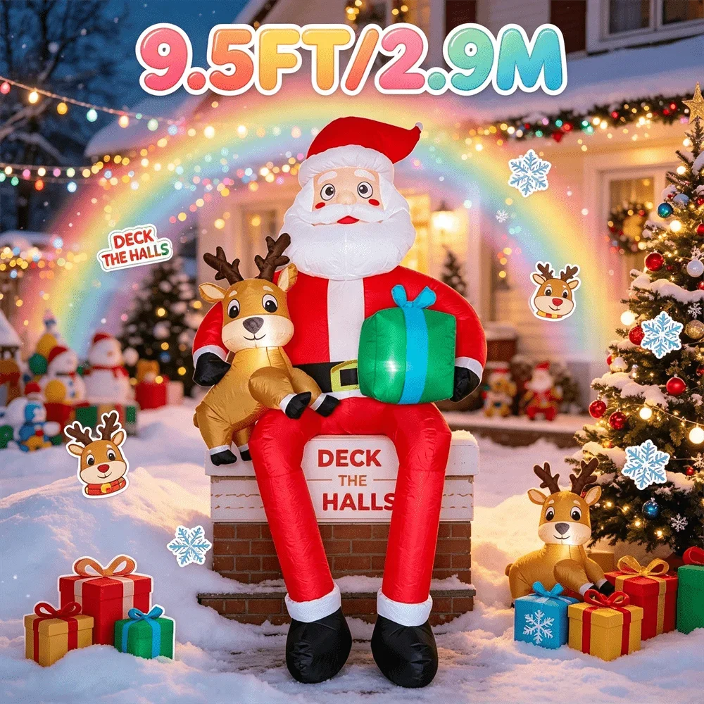 9.5FT/2.9M Christmas Inflatable Model Toy LED Light Up Santa Sitting on Chimney with Reindeer Gift Box Outdoor Yard Xmas Decor