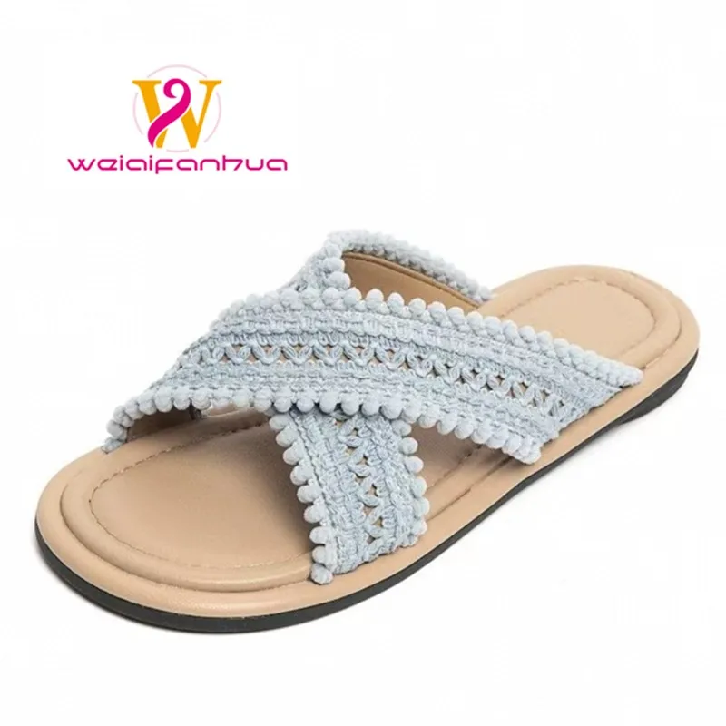 

Slippers Women 2025 New Retro Woven Flip-flops Women's Cotton and Linen Cross-shaped Casual Flat Shoes Slipper