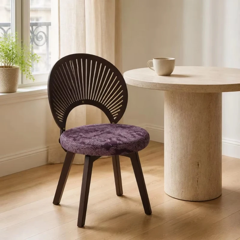 Medieval style solid wood dining chair, fan-shaped striped backrest, floral pattern fabric upholstered seat, living room chair
