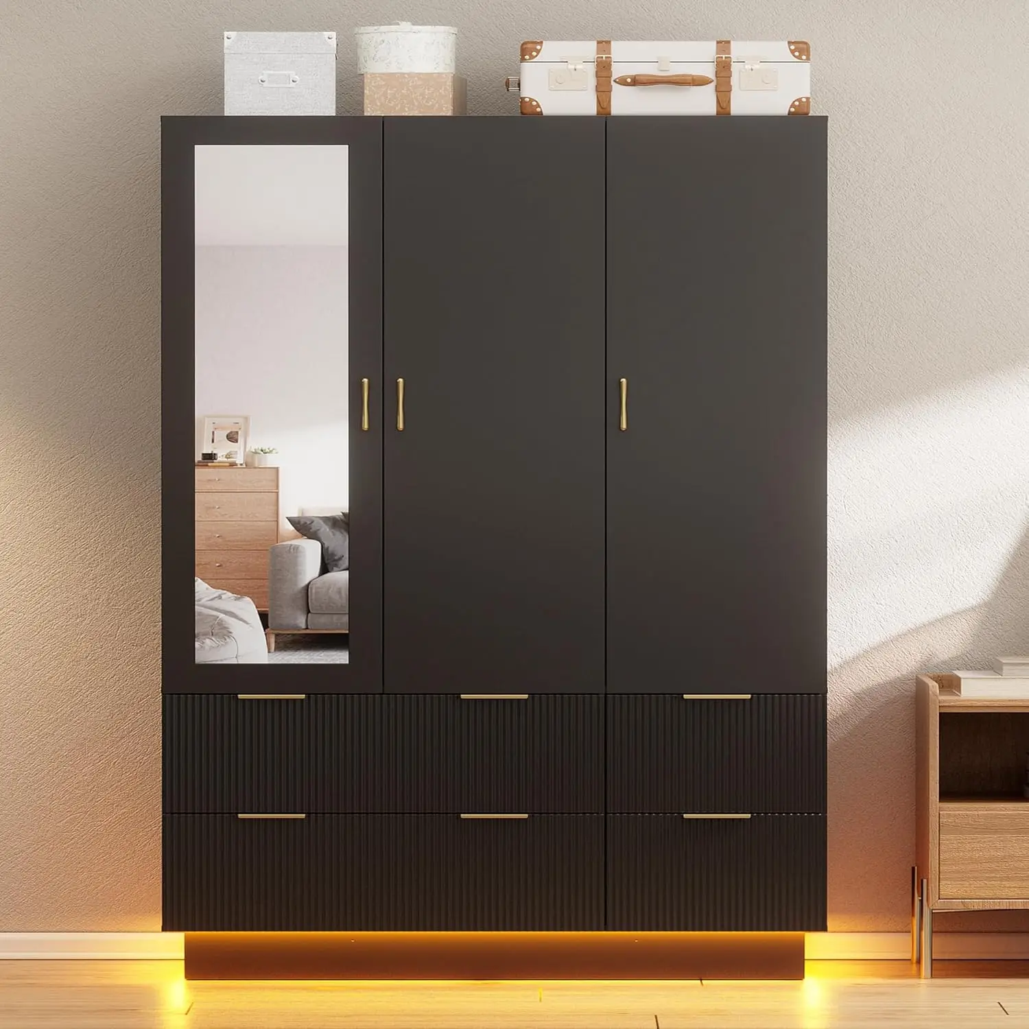 

Large Wardrobe Closet, Armoire Closet with Door and Mirror, LED Lights, Hanging Rod, Drawers, Armoires and Wardrobes for Bedroom