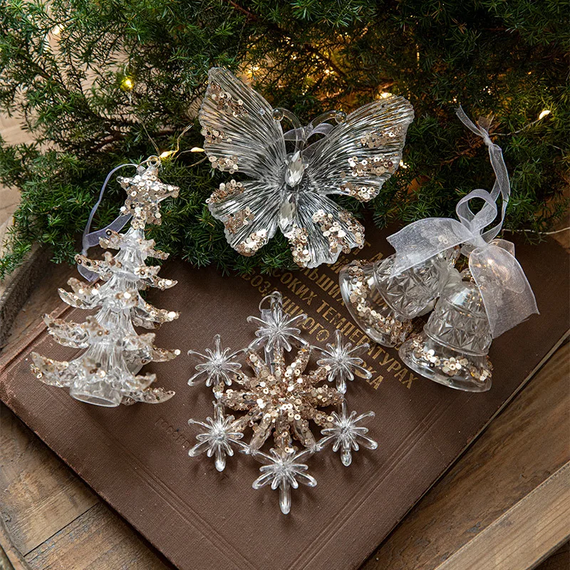 Christmas Tree Toys Acrylic Elk Bells Pendant Transparent Snowflake Pendants With Sequins Home Xmas Party Decoration Accessories