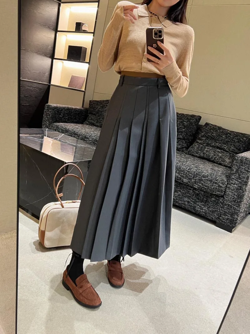 

College style women's half skirt, fashionable and western-style double waisted A-line pleated long skirt, designed to reduce age