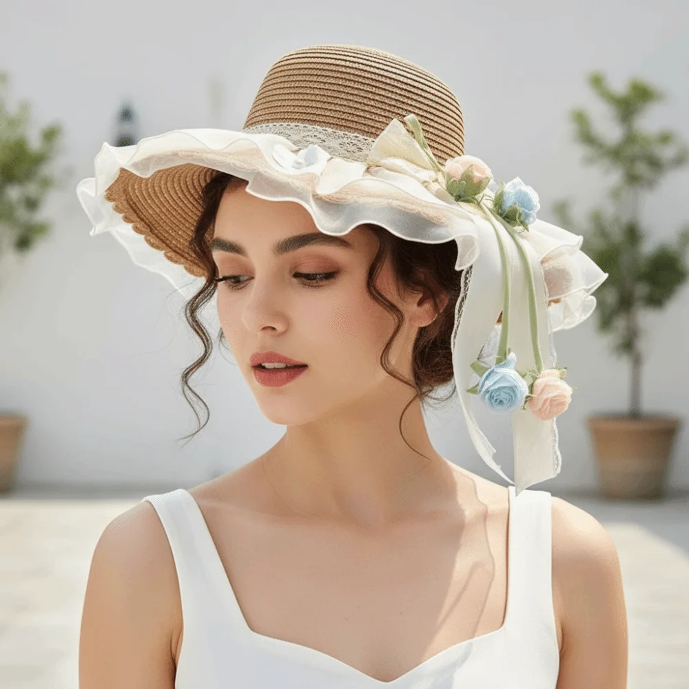 Elegant Rose Ruffle Edge Straw Hat Lace Ribbon Breathable Mesh Wide Brim Bucket Hat UV Protection Lightweight Design