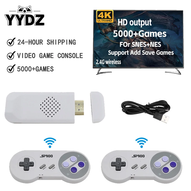 SF900 비디오 게임 콘솔, SNES NES 내장 5000 게임, HDMI 비디오 TV 게임 스틱, 2.4G 무선 컨트롤러, 휴대용 게임 콘솔 