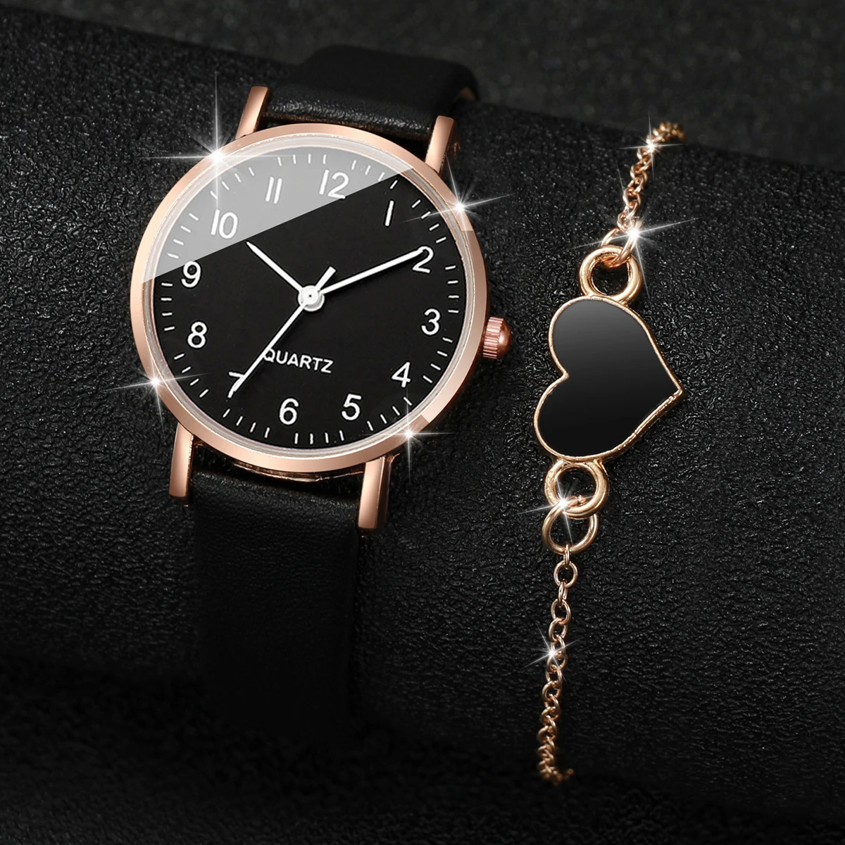 Women's Fashion Leather Strap Small Dial Quartz Watch Heart Bracelet 2Pcs/Set