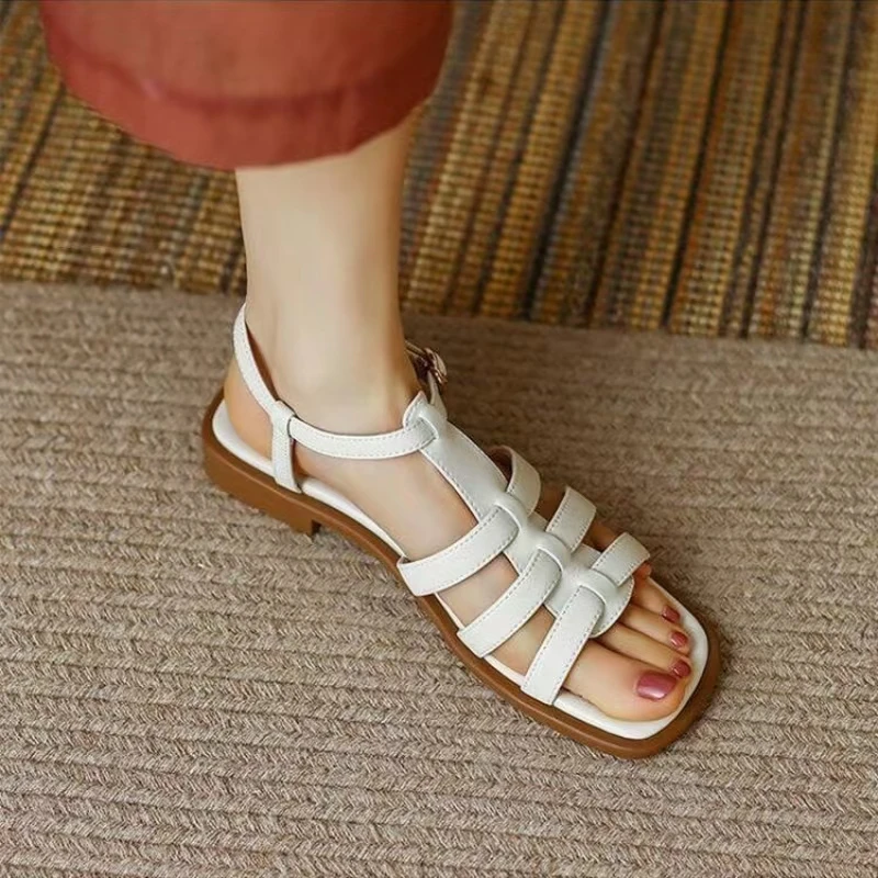 

Women PU Leather Woven Hollow Out Flat sole Sandals Summer New Soft Sole Non Slip Big Size Open Toe Buckle Strap Beach Sandals