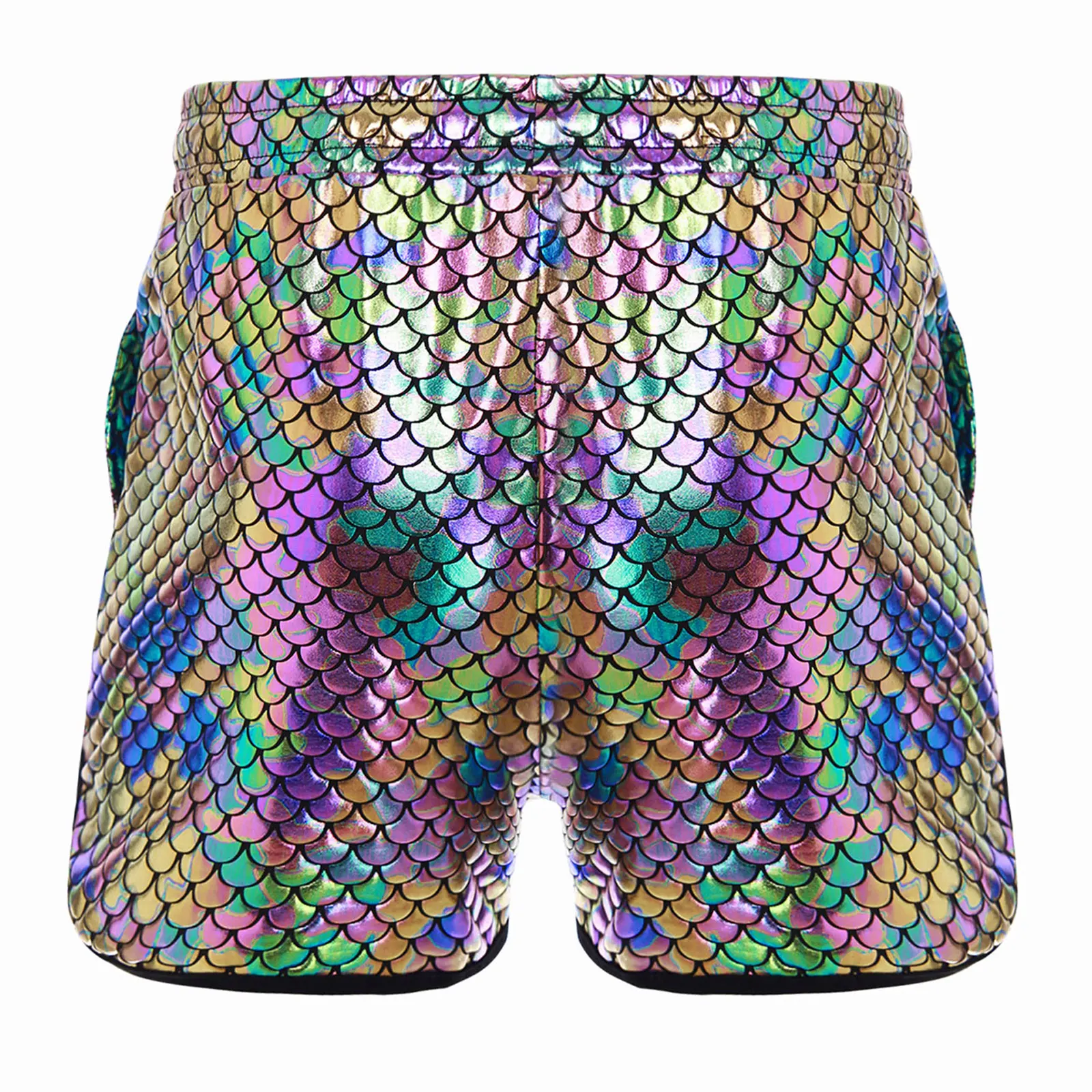 Mens Metallic Shiny Fish Scale Pattern Shorts Slant Pockets Trunks Raves Party Outfits Elastic Waistband Drawstring Short Pants