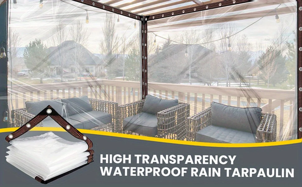 8-Mil Transparent Waterproof Canvas with Sealing Rings, Rainproof Curtain Covers for Patio Awnings, Outdoor Garden Hedge Protection, Rain Shielding for Porches, Moisture-Proof and Plant Warming for Camping Use, Foldable