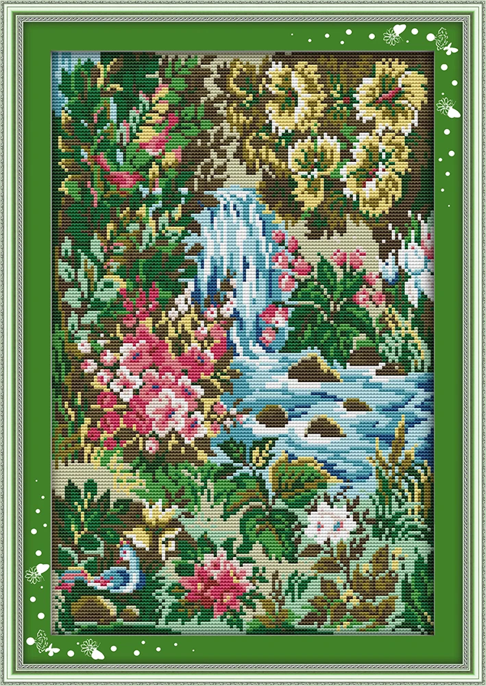 Joy Sunday Pre-printed Cross Stitch Kit  Easy Pattern Aida  Stamped Fabric Embroidery Set-Stream