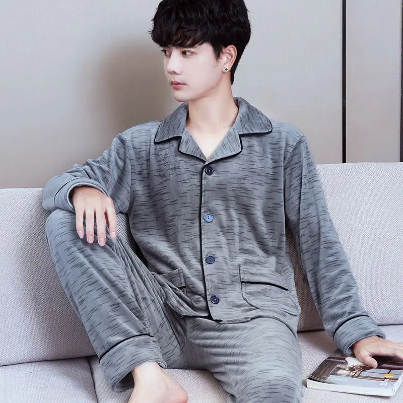 Coral Fleece Sleepwear Long Sleeve Cardigan Pants Men Pajama Sets Warm Flannel Pajamas Loungewear Autumn Winter Nightwear