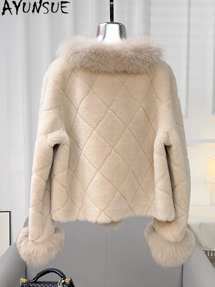 AYUNSUE 여우 모피 칼라 천연 양모 여성 자켓 패션 양고기 모피 자켓 여성 의류 고품질 겉옷 Ropa Para Mujer