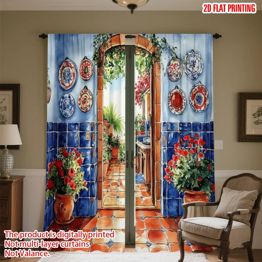 

2D flat printing 2pcs Drapes Sunny Mediterranean Courtyard Digital Printed Polyester Drapes All Season Party & Holiday Decor for