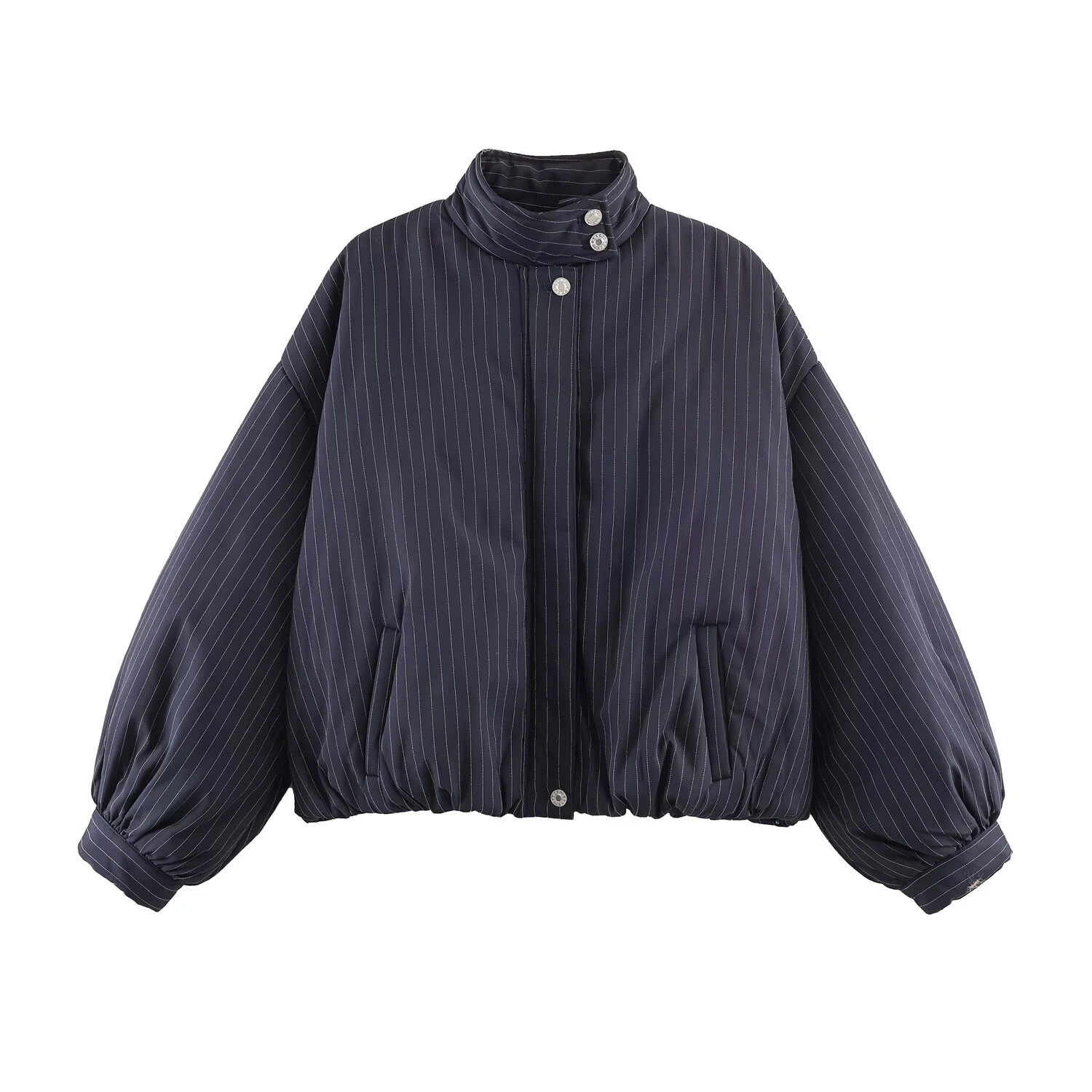Jaqueta de Algodão Azul Escuro com Listras Finas, Gola Alta, Manga Bufante, Corte Solto, Casaco Curto Estilo Retrô, Agasalho Quente de Inverno