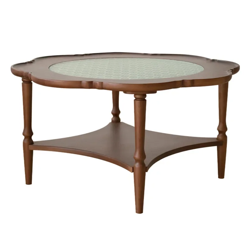 Lace coffee table small apartment double-layer round table combination living room Changhong glass small round table solid wood