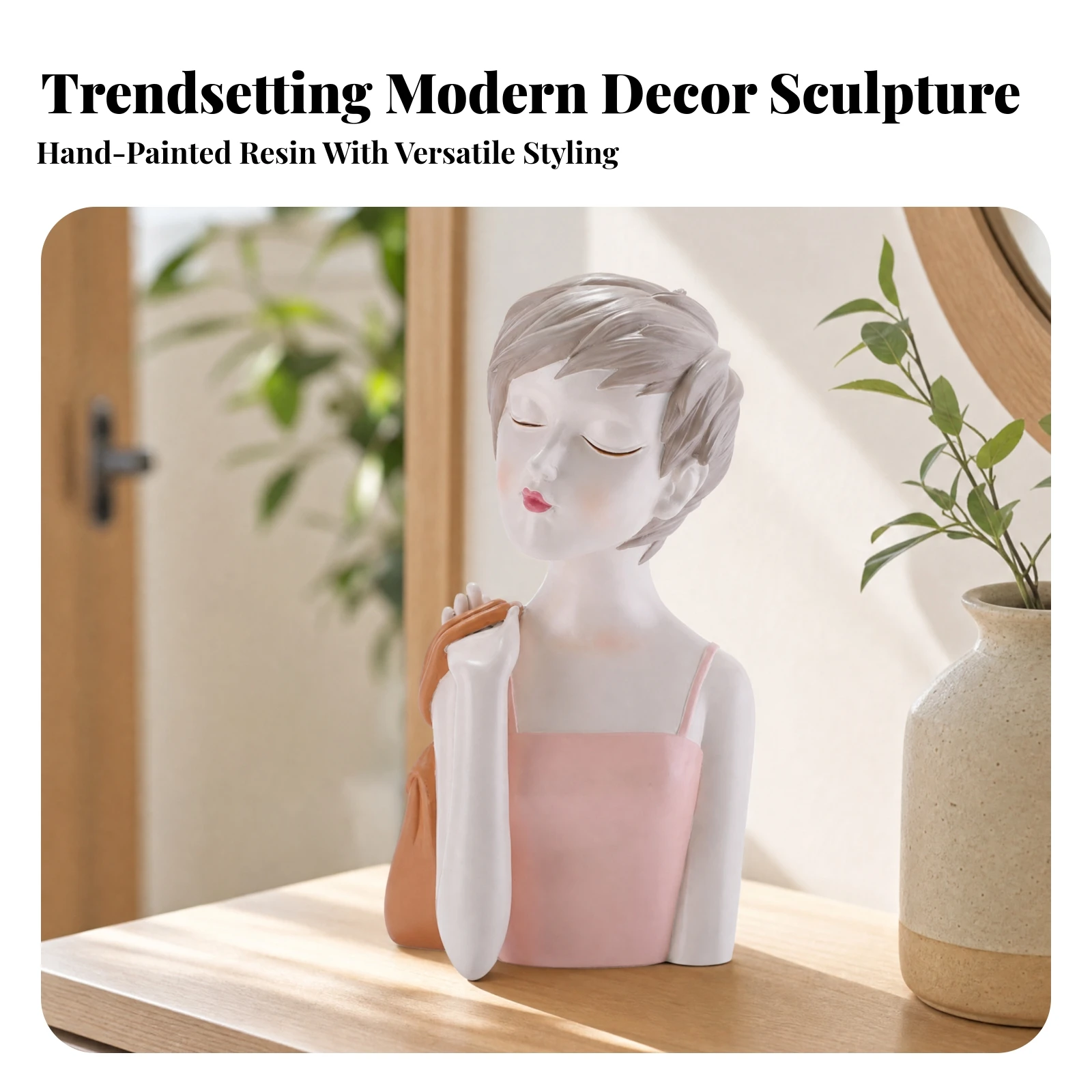 Stylized Female Bust with Shoulder Bag Smooth Finish Resin Woman Figurine Sleeveless Woman Resin Sculpture Elegant