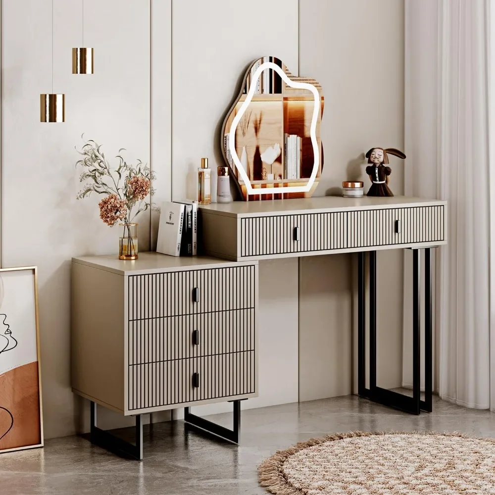 Dressing table with 3-color touch screen dimming mirror, adjustable cabinet and 5 sliding drawers, 