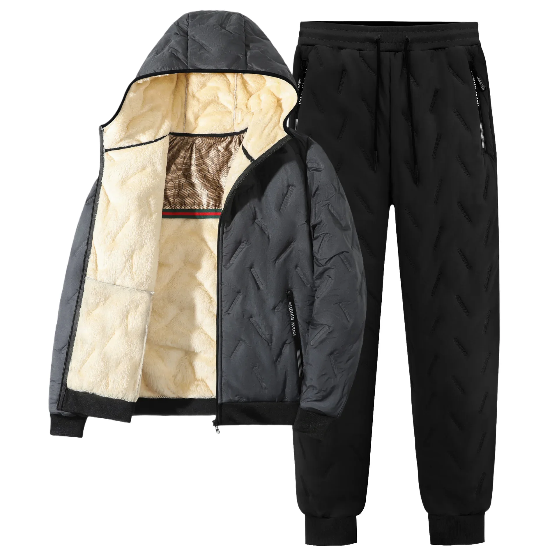 2025 Winter Fleece Tracksuits Men\'s 2 Piece Running Set Warm Jacket Pants Sweatpant Thick Plus Size Korean Sportswear Men