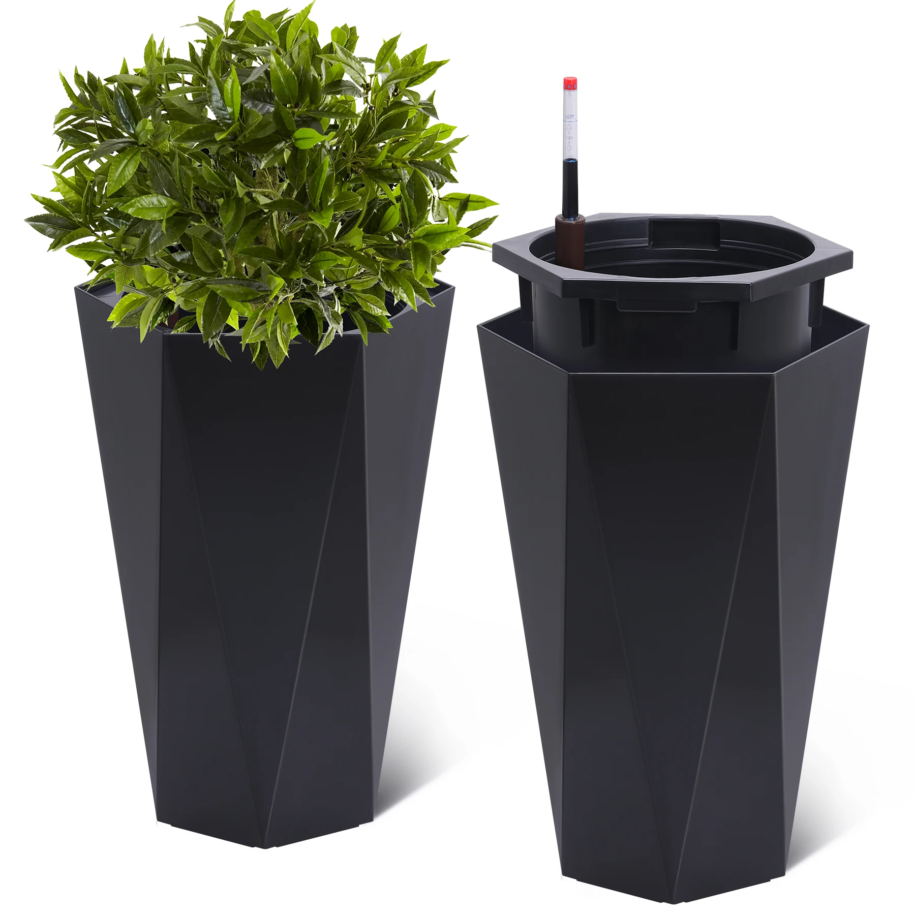 2pcs Self-Watering Flower Pots Diamond Straight Plastic Style 16-22.4 Inches High With Liquid Level Detector With Wheels  For Garden Planting