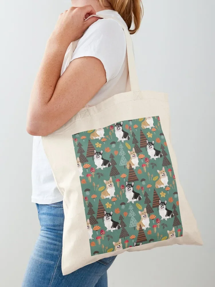 

Corgis In Fall Forest - Dark Teal Tote Bag Portable shopping bag Canvas bags luxury women handbag