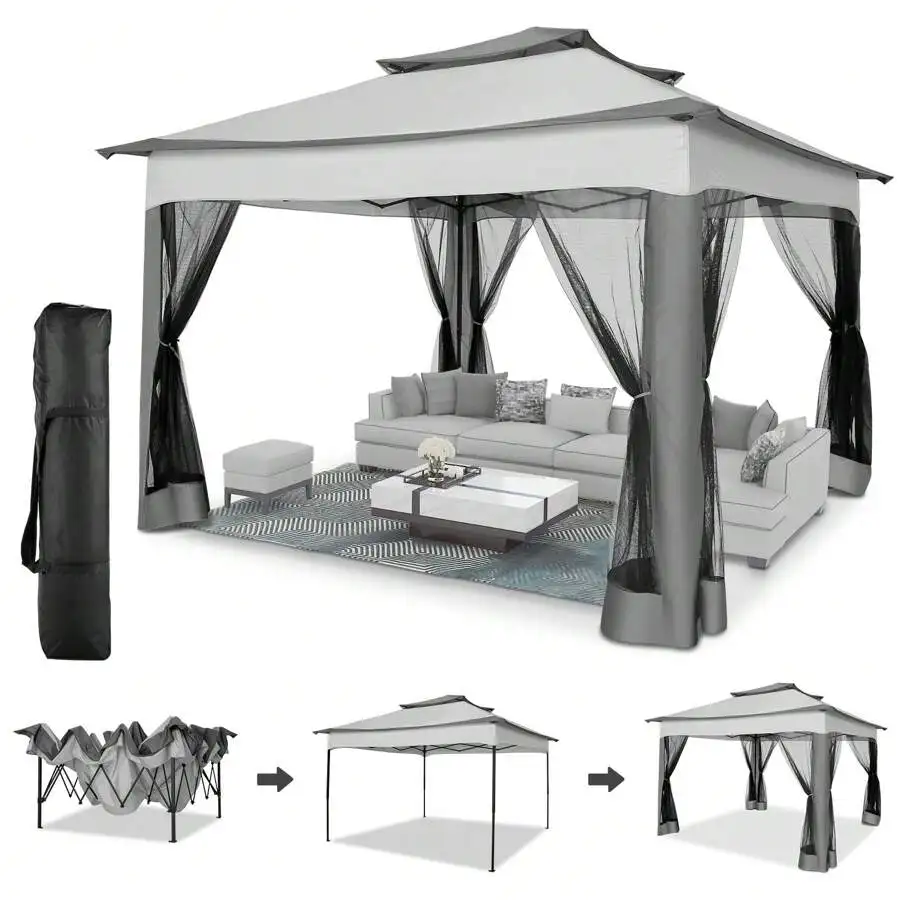 

11x11ft Pop Up Pavilion With Mosquito Nettings Waterproof With 4 Sidewalls Patio Gazebo Tents With Vented Roof, Carry Bag