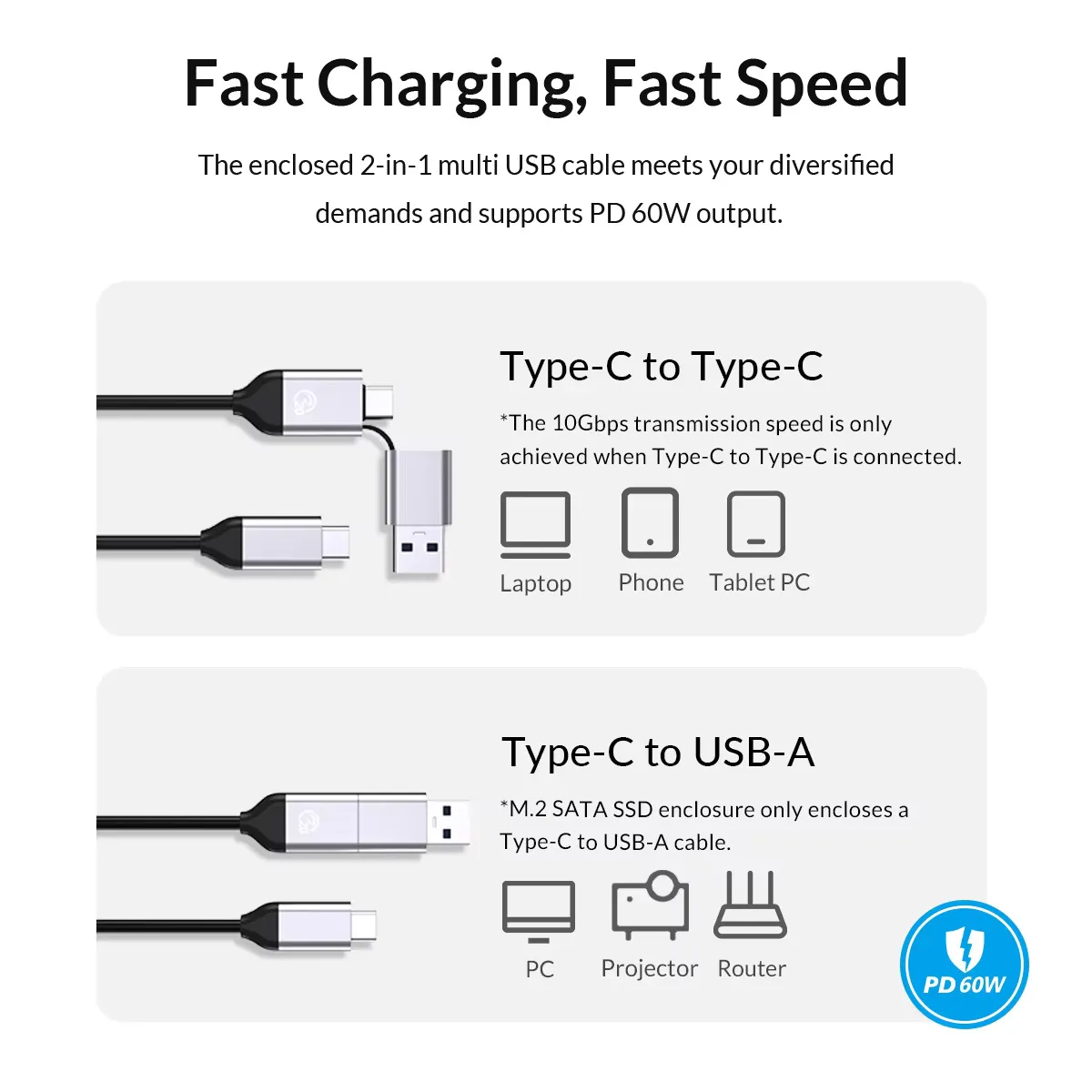 ORICO-Dual-Bay Docking Station Type-C 5Gbps 2.5 " 3.5" HDD SSD Power UASP ContainerUse for PC, Laptop,Smart TV Design