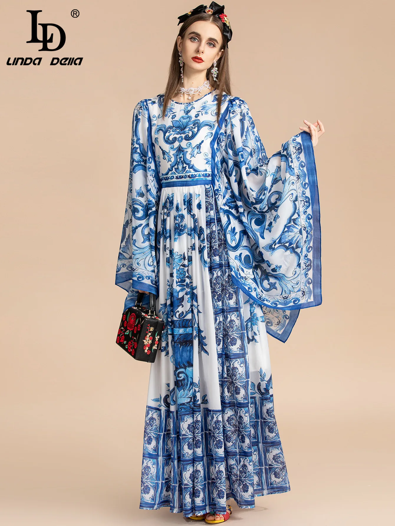 LD LINDA DELLA Fashion Designer Summer Long Dress Women's Blue and White Porcelain Printing Bohemian Vacation Maxi Dresses Robe