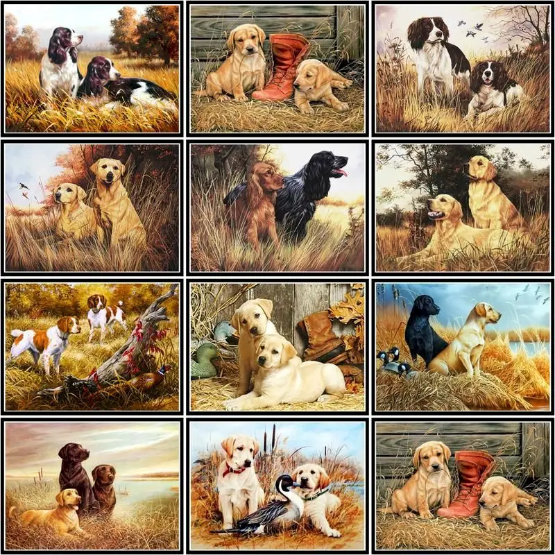 GATYZTORY Oil Paint By Number Dog Animal Drawing On Canvas Hanpainted Grass Landscape Diy Pictures By Numbers Kits Home Decor