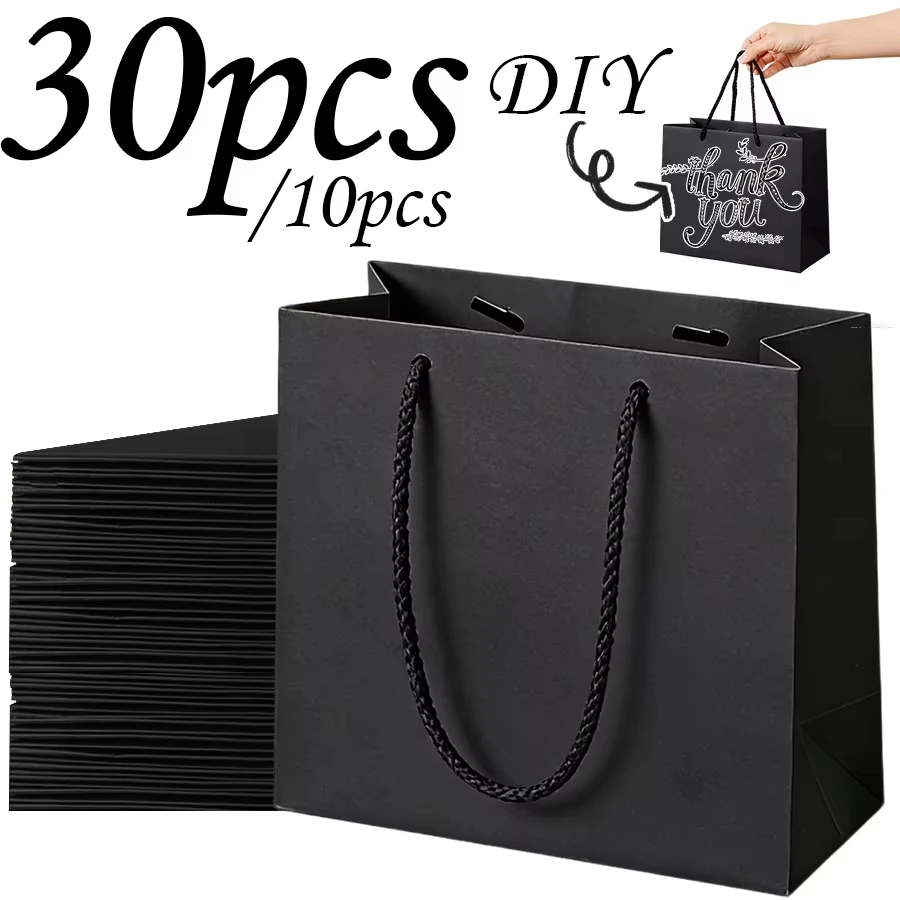 10/30 sacs cadeaux en papier noir, sacs fourre-tout robustes à poignées, polyvalents pour anniversaire, mariage, usage quotidien, 8,6x3,9x7 pouces