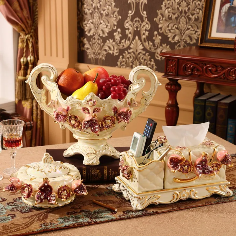 European fruit plate set, luxury and creative modern living room household tissue box, ceramic fruit plate three-piece set ornam