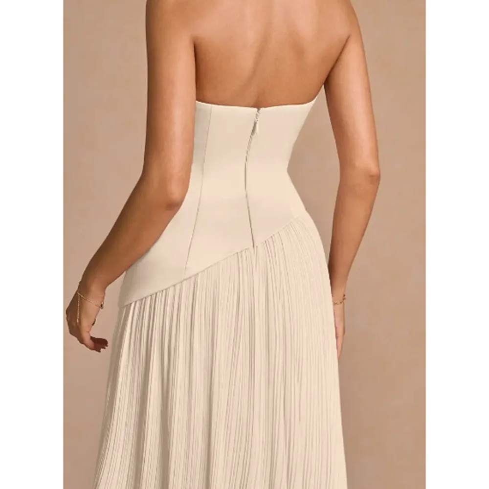 Luxury Women's Beige Strapless Maxi Dress Sleeveless Ruched High Split Evening Party Prom Widding Formal Elegant Long Dress