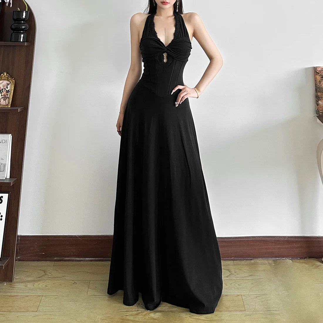 

2026 New Summer Women's Pure Desire Slim Elegant Casual Halter Hollow Out Sleeveless Dress For Daily Streetwear Party Outfits