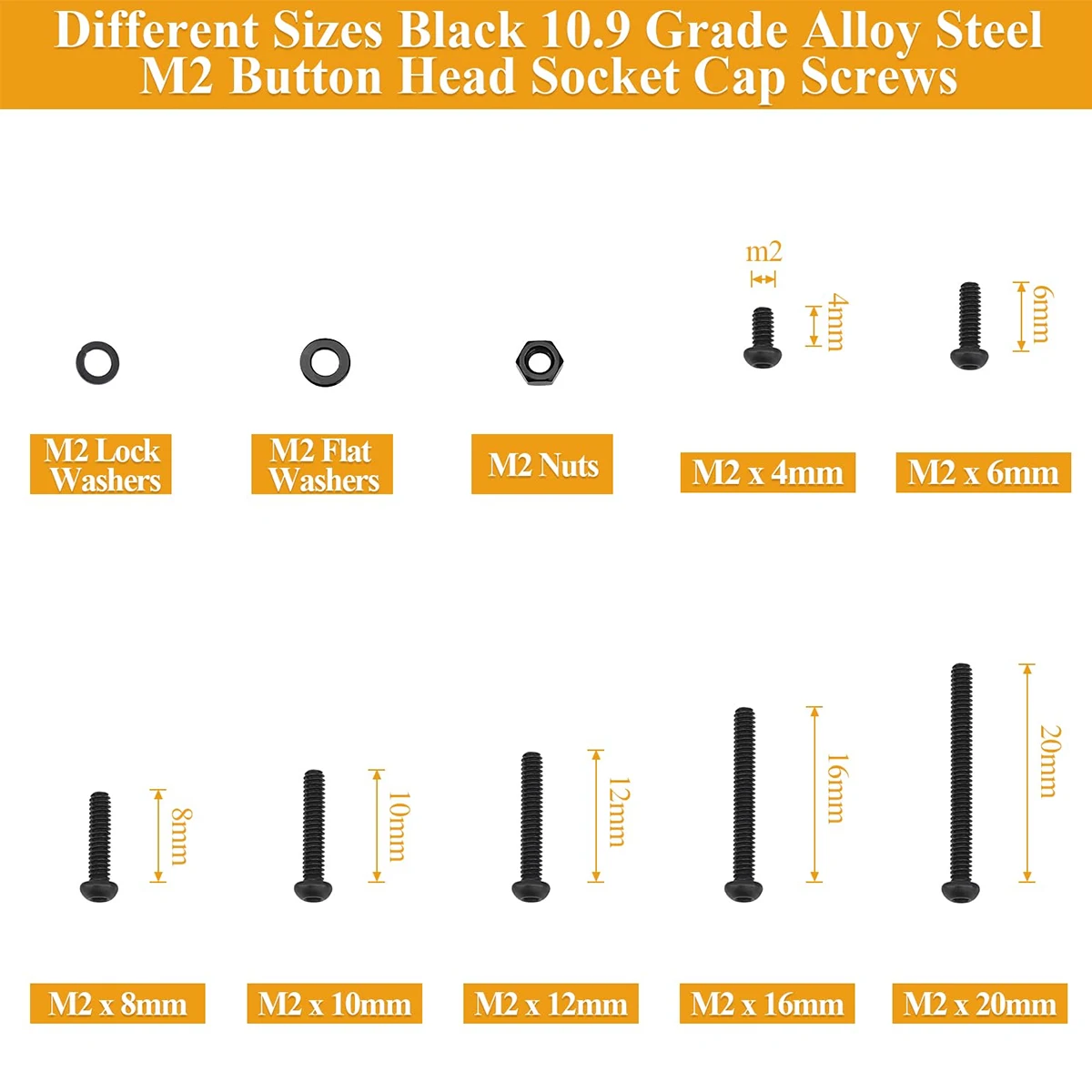 566 pcs Black M2 x 4/6/8/10/12/16/20 mm Button Head Socket Screw Nut Washer Combo Kit, Grade 10.9 Alloy Steel, Fully Threaded.