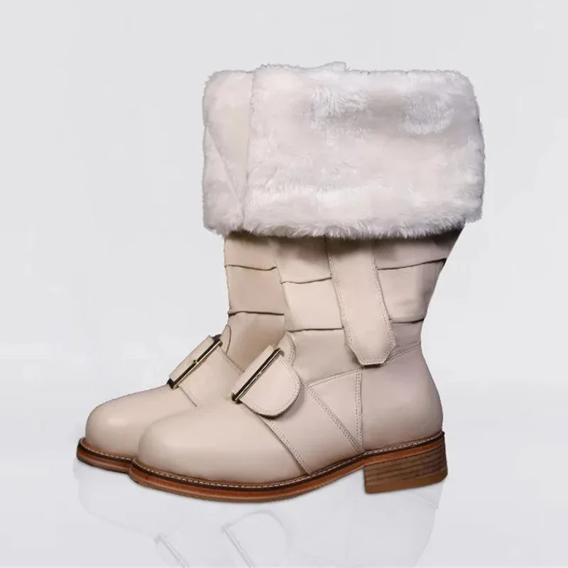 Herren Weihnachts-Weihnachtsmann-Stiefel mit Weitem Schaft, Kampfstiefel mit Weißem Plüschfellbesatz und Goldener Schnalle für Halloween-Cosplay-Kostüm – Detail 18
