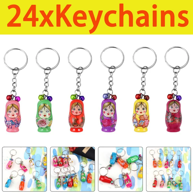 24Pcs Mini Toys Wooden Russian Nesting Dolls Keychain Wooden Stacking Dolls Matryoshka Dolls Pendant for Kids Gifts Car Key Bag