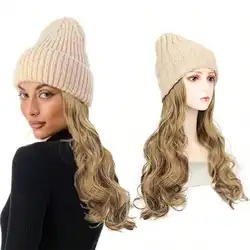 Knit hat wig with 24 Inch Long Wavy Curly Hair Extensions Winter Warm Knit Hat Wig  Synthetic Hairpiece for Women Girls Winter