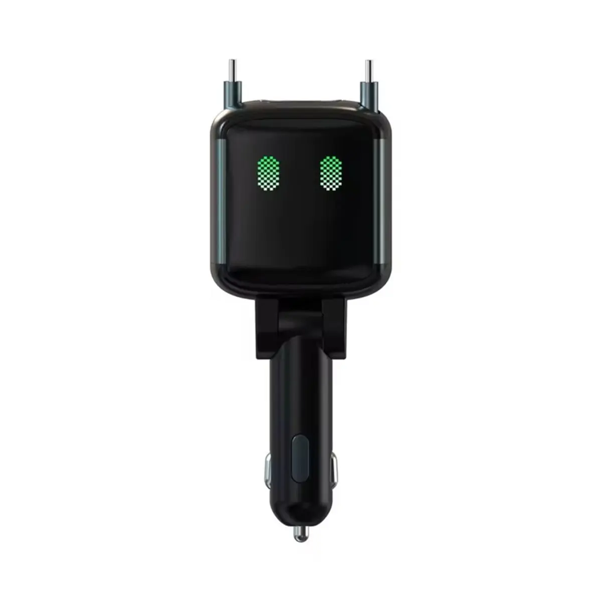 A67F 65W PD Car Charger with Built-in USB-C Cable Robot Design 12V-24V Adapter with USB-A & USB-C Ports and Atmosphere Light