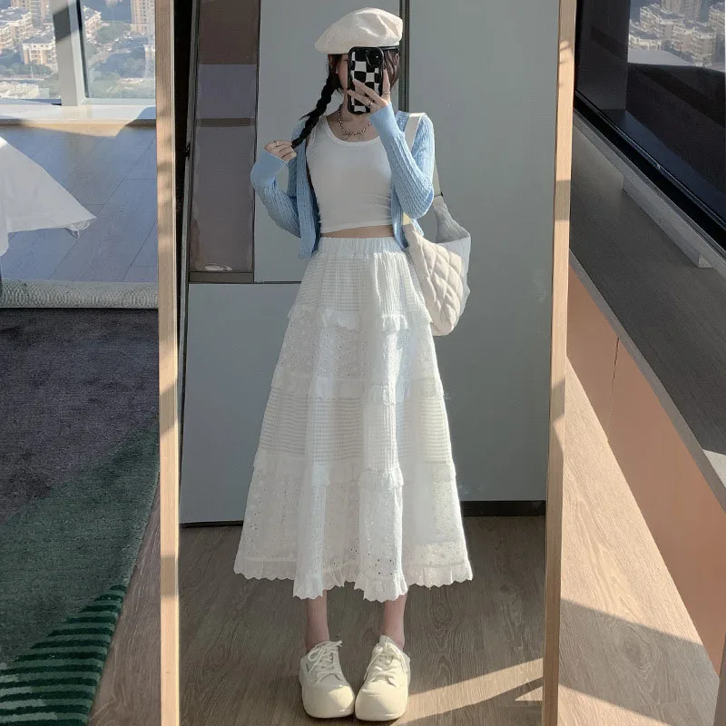 Jupes mi-longues décontractées en dentelle blanche pour femmes, taille haute, ligne A, longues, élégantes, minces, vêtements féminins, style preppy