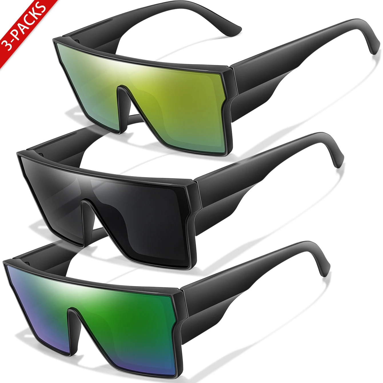 

3 пары солнцезащитных очков унисекс с большой оправой и цветными линзами, защита от ультрафиолета UV400 для занятий спортом на открытом воздухе, велоспорта, пеших прогулок, бега и вождения