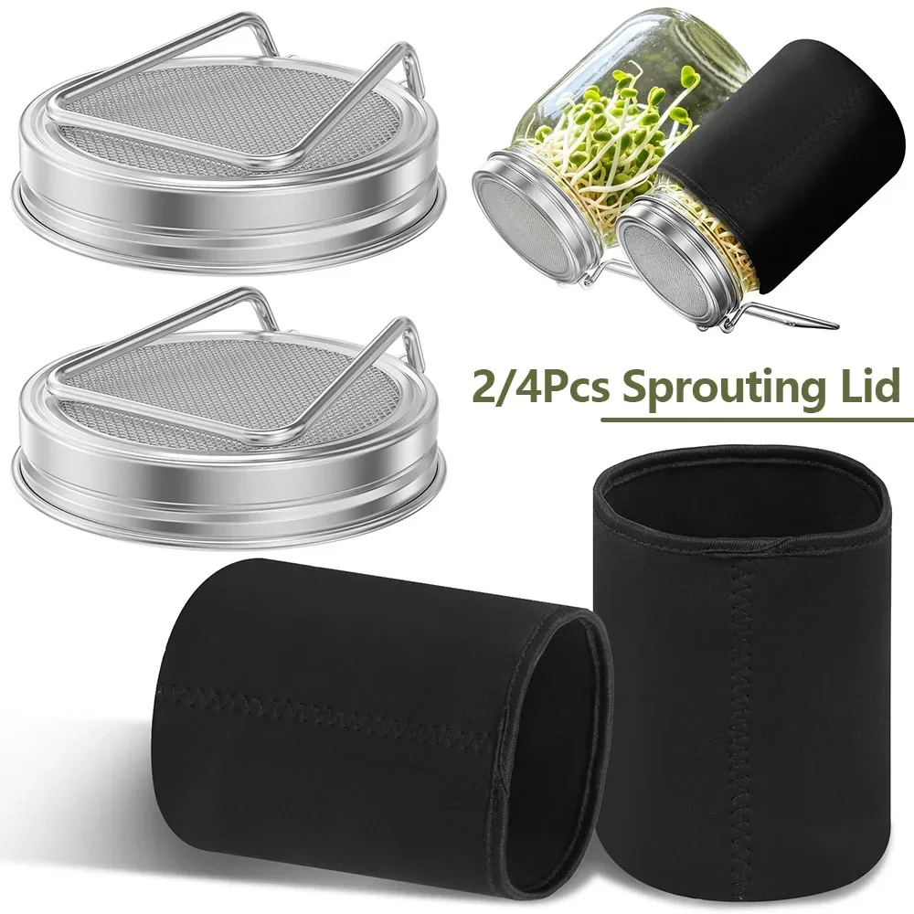 2/4 Pcs Sprouting Lid Stainless Steel Seed Germination Lid with Stand and Shading Sleeve Mesh Mung Bean Sprout Jar Lid for Garde