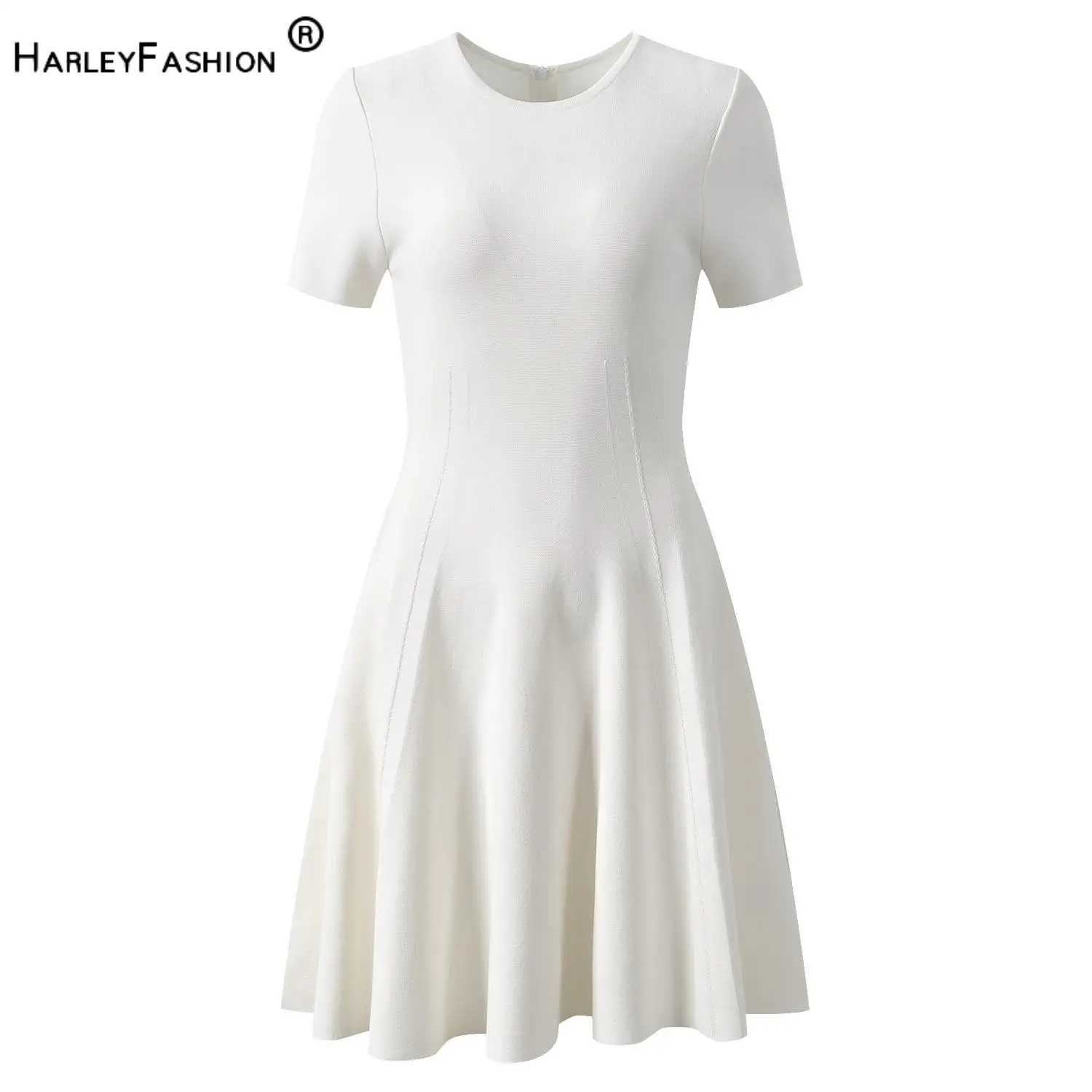 

2026 Summer New Arrival Fashion Elegant Style Lady Solid Wear O-neck Short Sleeve Waisted A-line Mini Knit Dress Women