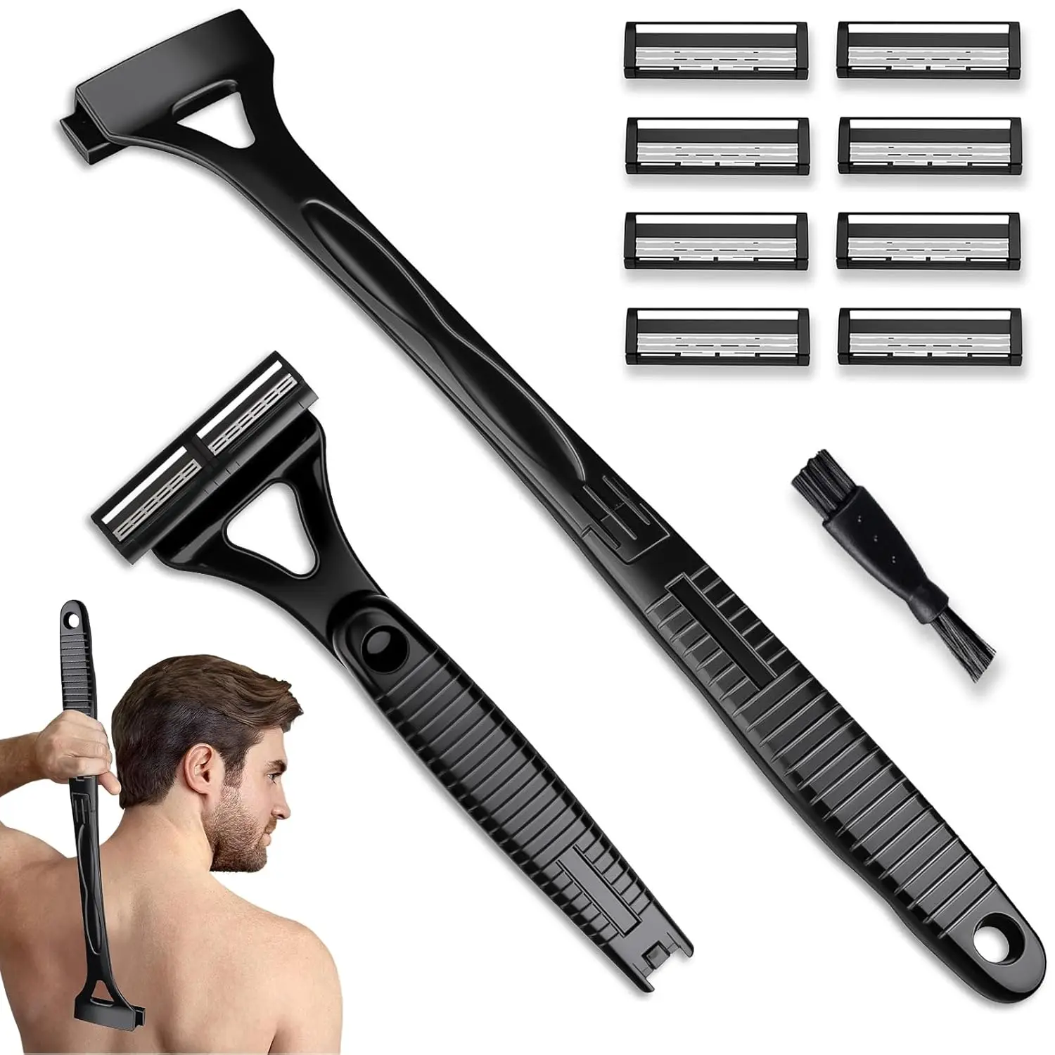 Back Shaver for Men & Women Foldable Long Handle Body Hair Trimmer Wet & Dry Shaving Razor with 8 Ultra Sharp Replaceable Blades