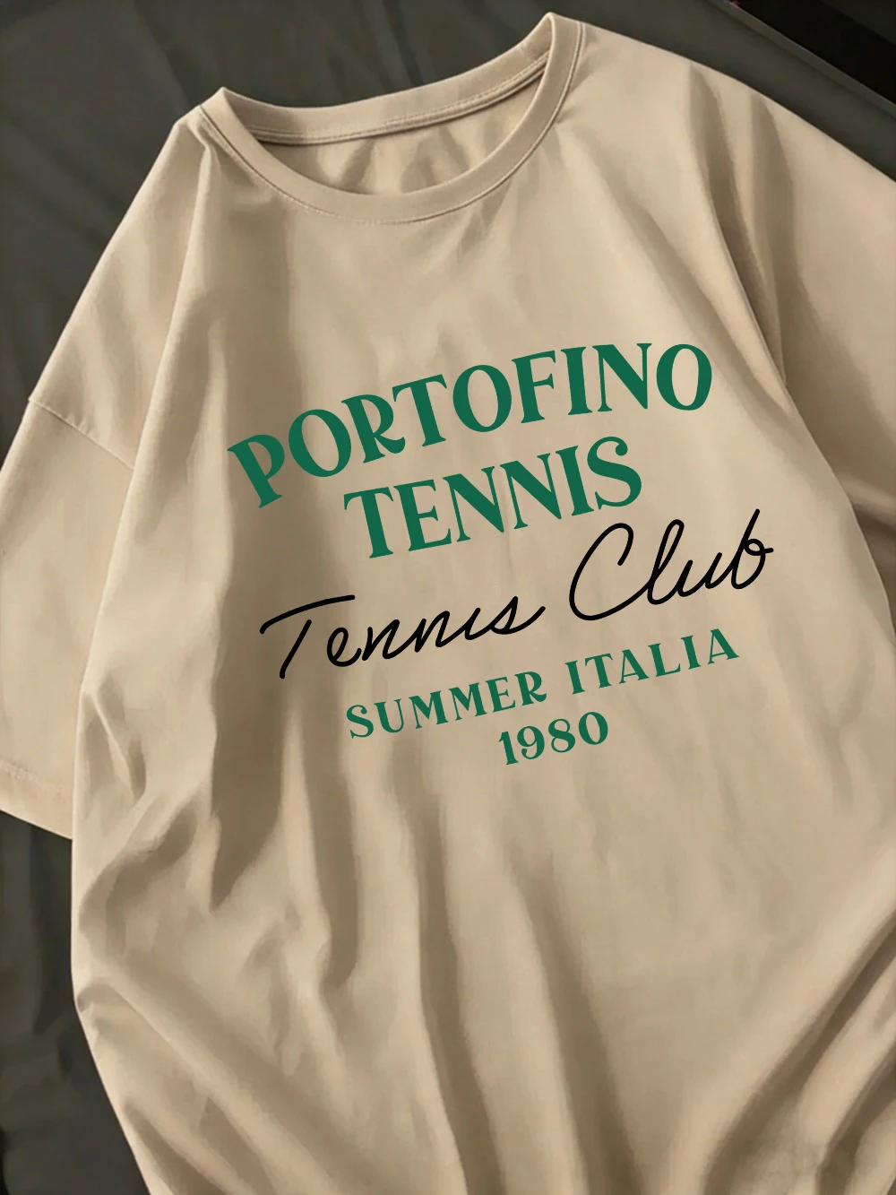 Portofino Tennis Club Bedruckte T-Shirts für Damen, Baumwolle, Sommer, kurzärmelig, O-Ausschnitt, übergroße Oberteile, weiche Streetwear-Kleidung