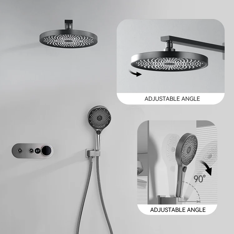 GAONUO現代風ローズゴールドスマートデジタルディスプレイ内蔵型丸型シャワーヘッド温冷水浴室シャワーセットシステム