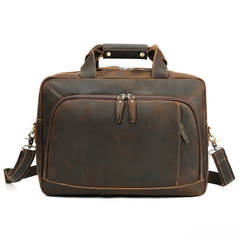 Men's Vintage Crazy Horse Leather Briefcase Large Capacity Padded 17 Inch Laptop Compartment Top Handle Business Bag