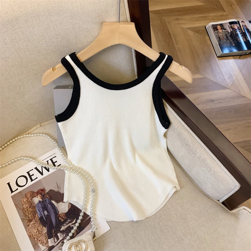 Sexy Slim Knit Sweater Vests For Women Summer Color Blocking Sleeveless O-neck Crop Tops Stylish Chic Sport Vest Knitwear Jumper