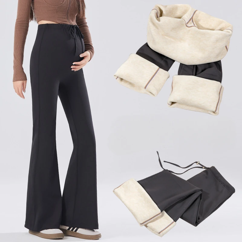 Women's High Waist Drawstring Wear Bell-bottom Drawstring Belly-supporting Plus Velvet Maternity Pants