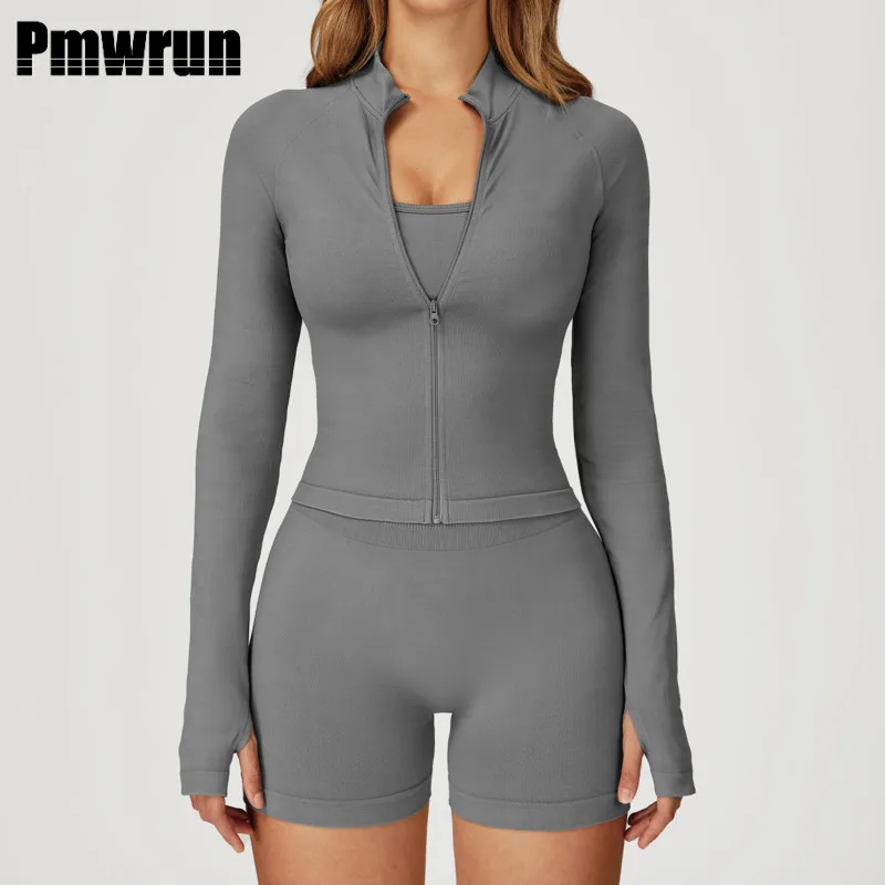 

PMWRUN Women's 2 Pieces Yoga Set Seamless Long Sleeve Slim Zipper Thumb Jacket High Waist Shorts Sports Workout Outdoor Fitness